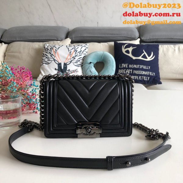 Luxury CC V Le Boy Replica 7 Star Black Bags lambskin 20cm